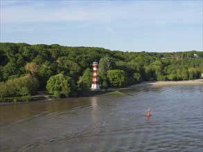 River with red and white lighthouse in the background, surrounded by green trees and a clear sky,