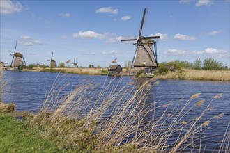 Several windmills on a body of water under a blue sky with scattered clouds, many historic