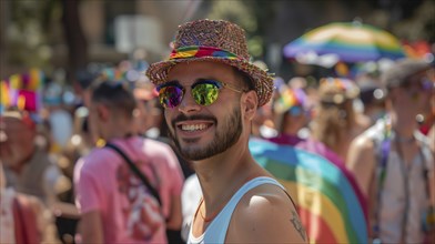 Attractive young gay man on Pride Parade, AI generated