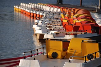 Row of pedal boats in different colours on the lake shore, calm water and mild autumn light, rowing