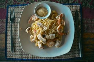 A plate of creamy shrimp pasta topped with parmesan on a patterned tablecloth