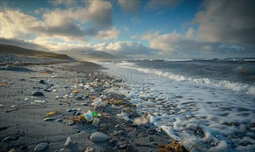 Plastic pollution on a remote beach AI generated