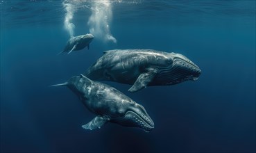 A family of sperm whales diving into the depths of the ocean AI generated