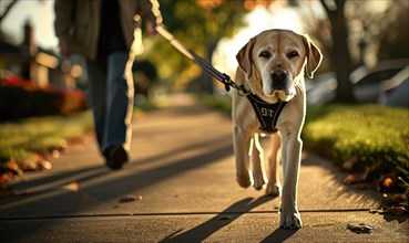 A guide dog leading its owner along a suburban sidewalk AI generated