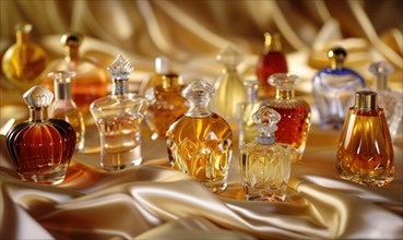 A collection of perfume bottles arranged on a satin material background AI generated