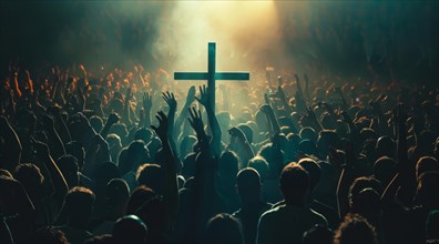 Large crowd of people praying to god and Jesus in front of the Cross, AI generated