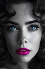 Monochromatic close up fashion portrait with blue eyes and magenta lips, AI generated