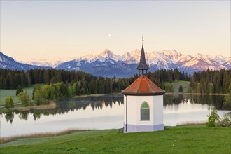 Chapel at Hegratsrieder See near Fuessen, Allgaeu Alps, snow, moon, Allgaeu, Bavaria, Germany,