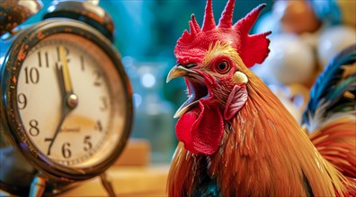 A rooster is standing in front of a clock with its beak open. Concept of a loud alarm clock, AI