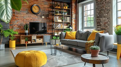 Modern living room in a condo or loft with modern trendy furniture a grey couch and yellow pillows,