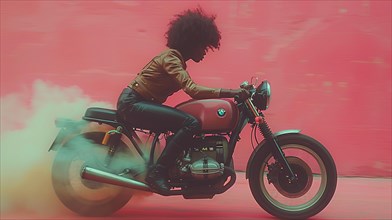 A person rides a vintage motorcycle with speed, leaving a trail of smoke, ai generated, AI