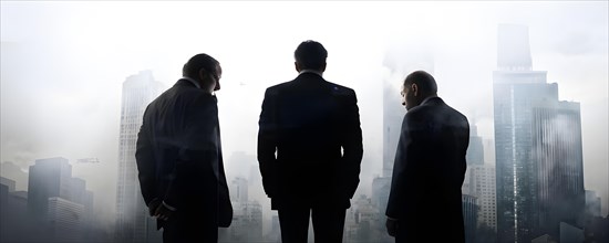 Silhouette of a group of businessman against a backdrop double exposure that reveals a destroyed