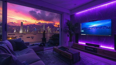 Cozy modern interior with panoramic window views of a cityscape during sunset, AI Generated, AI