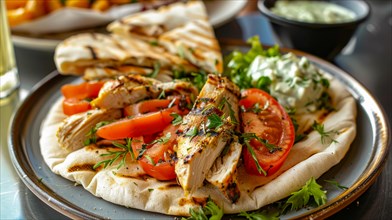 Grilled chicken on pita bread with tzatziki, tomatoes, and lettuce, offering a casual meal, AI
