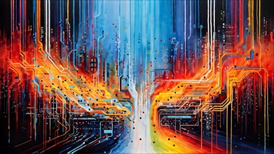 Illustration of abstract data stream cascades over a circuit board transforming into swirling