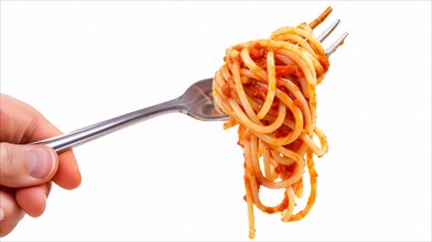 Succulent spaghetti with tomato sauce twirled on a fork with a bright color palette, AI generated