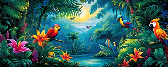 AI generated illustration of an enchanted fairy tale jungle inhabited by magical fantasy animals in