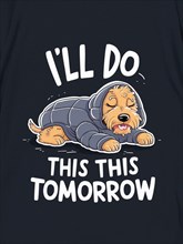 A cartoon dog wearing a hoodie and saying 'I'll do this tomorrow' on a black background, ai