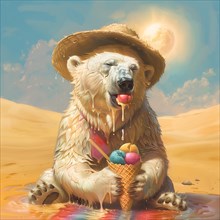 A polar bear with ice cream sits in a hot puddle in the desert, wearing a straw hat, and the hot