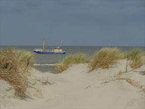 Sand dunes with a view of the sea and a boat under a cloudy sky, dune with dune grass and a boat by