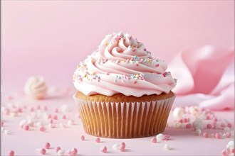 Cupcake with frosting creamy swirls in pastel pink against pastel pink background, AI generated