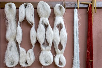 Silk yarns, carpet yarns in a carpet factory, Turkey, Asia