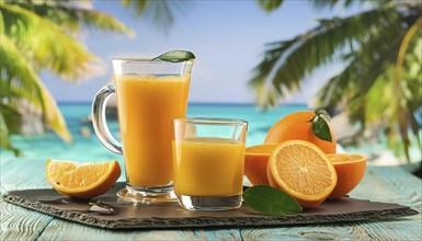 Two glasses of orange juice with half an orange, palm trees and the sea in the background, AI
