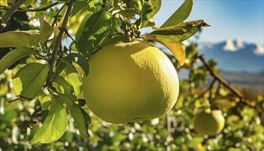 Close-up of a grapefruit on a tree in sunny weather in an orchard, AI generated, AI generated