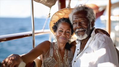 Happy african american senior couple portrait on the relaxing deck of their luxury cruise ship.