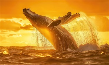 A breaching humpback whale captured in the golden light of sunrise AI generated
