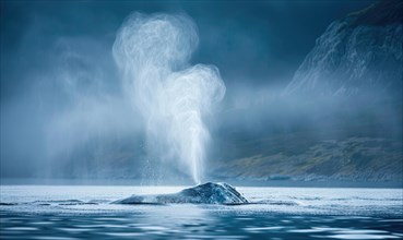 A serene scene of a gray whale spouting mist into the air as it surfaces AI generated