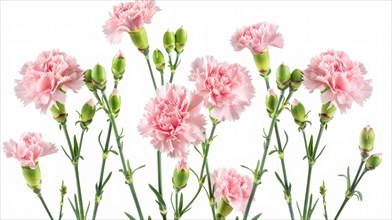 A lush bouquet of pink carnations, featuring several blooms and buds, against a white background,