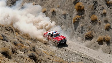 Ambulance racing through a dusty desert terrain, AI generated