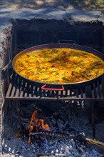 Close-up of a typical Spanish paella cooked over a wood fire in the countryside