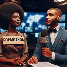Two news anchors in a professional setting discussing propaganda, one wearing a sign around the