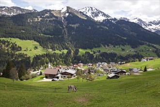 View of Mittelberg, back mountains of the Allgaeu Alps, Kleinwalsertal, Vorarlberg, Austria, Europe
