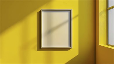 Single frame on a yellow wall with sunlight streaming through a window, casting shadows, AI