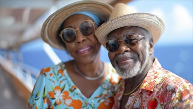 Happy african american senior couple portrait on the deck of their luxury cruise ship. generative