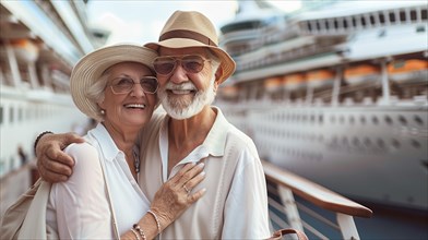 Happy senior couple portrait in front of their luxury cruise ship. generative AI, AI generated