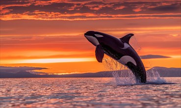 A breaching orca whale captured in mid-air against a vibrant sunset sky AI generated
