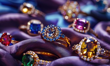 A collection of shimmering gemstone rings arranged on a luxurious satin material background AI