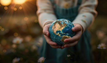 A child's hands holding an Earth globe AI generated