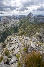 Mountain landscape with rocky ridge at the summit of the Raudenspitze or Monte Fleons, mountain