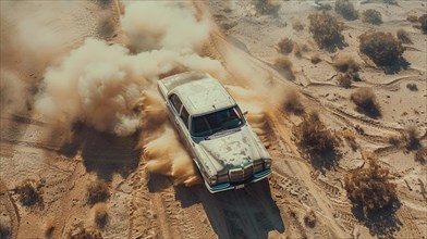 Beige vintage rusty car speeding and kicking up dust in an intense desert chase, AI generated