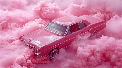 Soft pink hues envelop a vintage muscle car among billowing smoke, AI generated
