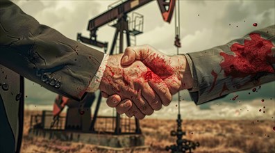 Two men shaking hands with red blood on their hands. Concept of corporate greed and oil industry,