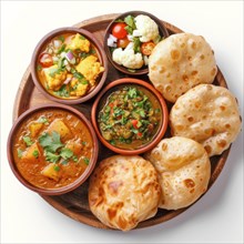 Colorful spread of Indian dishes with puri and mixed vegetable curry, AI generated