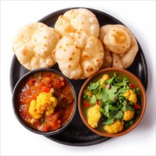 Hearty Indian dinner with puri and a selection of rich curries, AI generated