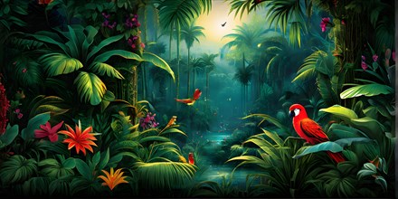 AI generated illustration of an enchanted fairy tale jungle inhabited by magical fantasy animals in
