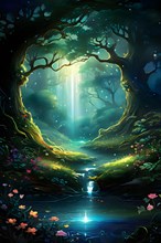 AI generated enchanted forest illustration intertwining trees aglow with magical light
